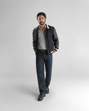 THE BYRON - Black/Black Contrast Stripe Knit Collar Varsity Jacket Classic Fit