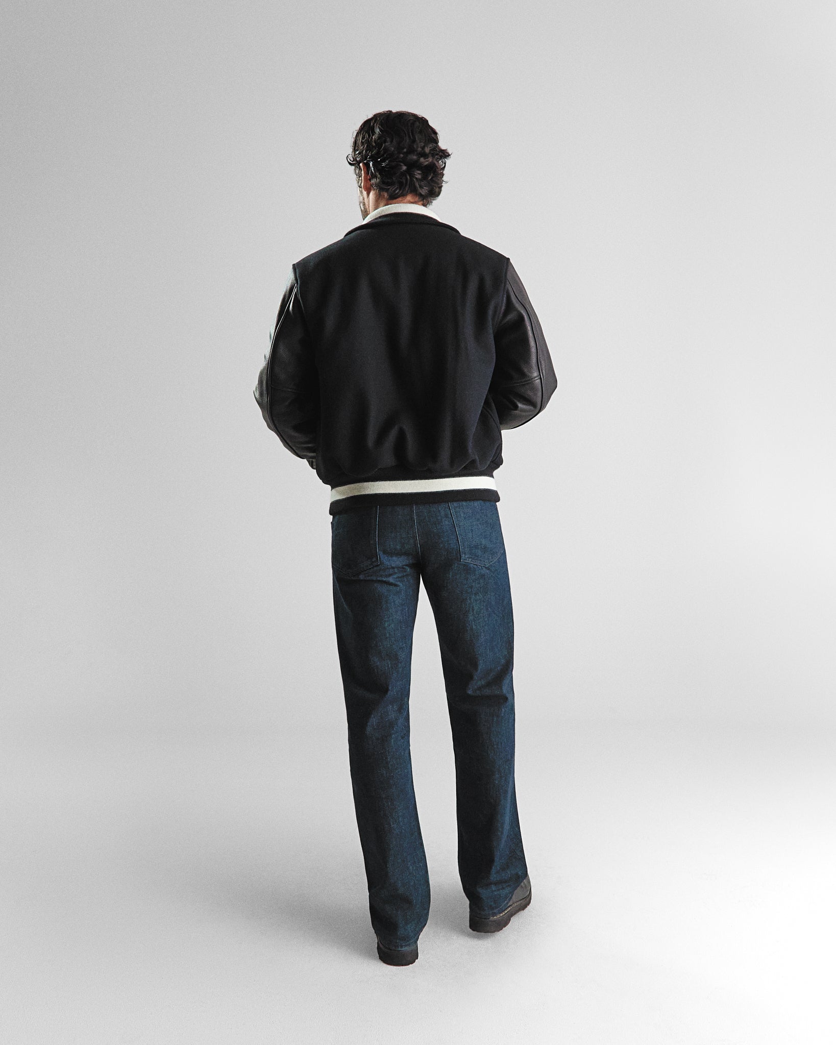 THE BYRON - Black/Black Contrast Stripe Knit Collar Varsity Jacket Classic Fit