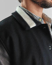THE BYRON - Black/Black Contrast Stripe Knit Collar Varsity Jacket Classic Fit