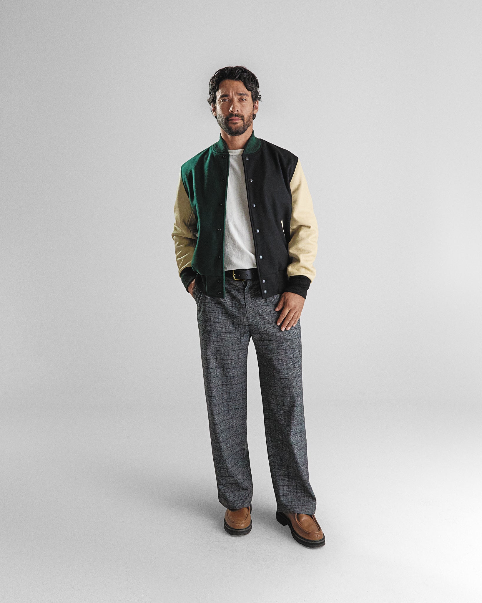 THE ALBANY SPLIT - Color Block Forest Green and Black Melton Wool/Stone Leather Classic Fit