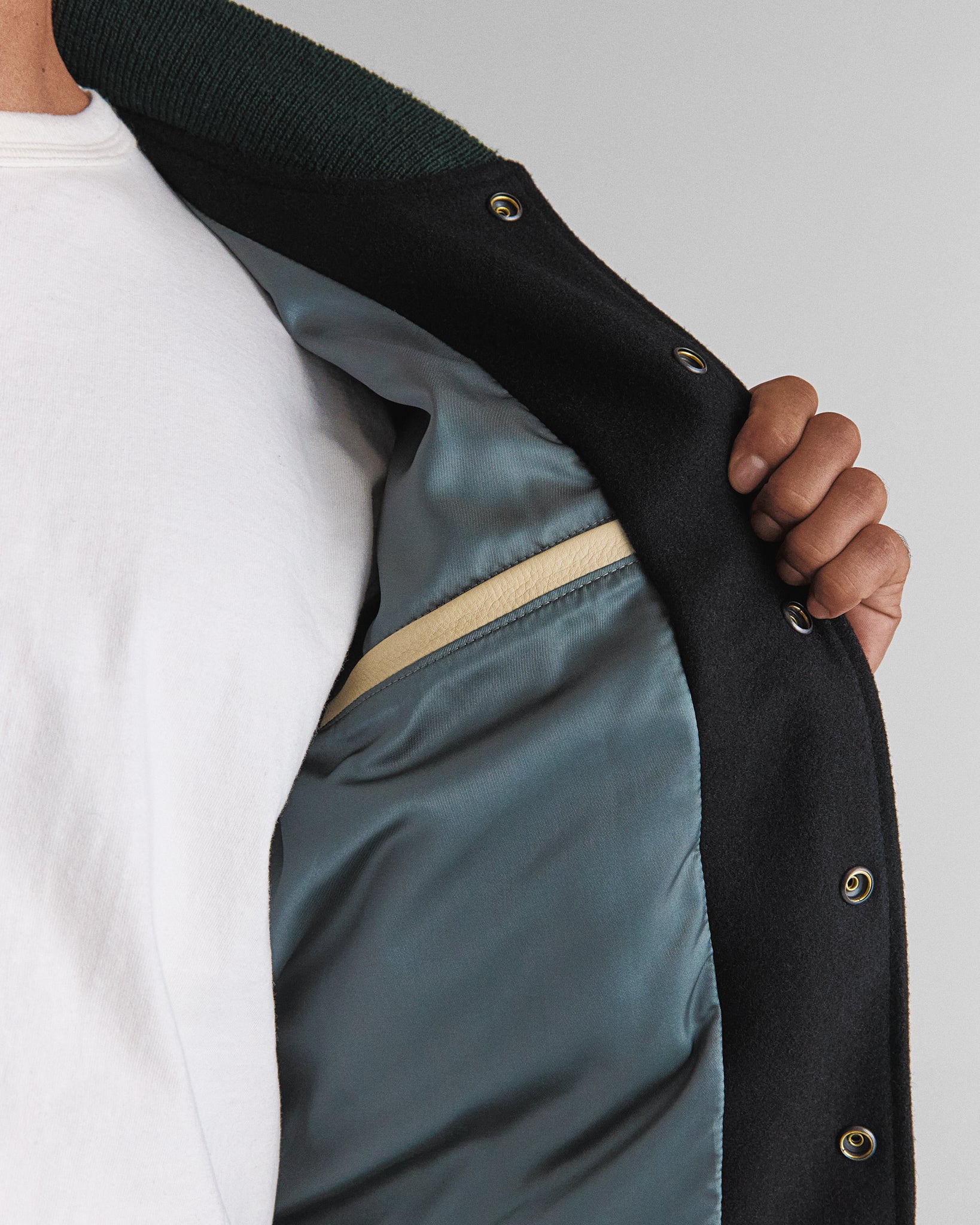 THE ALBANY SPLIT - Color Block Forest Green and Black Melton Wool/Stone Leather Classic Fit