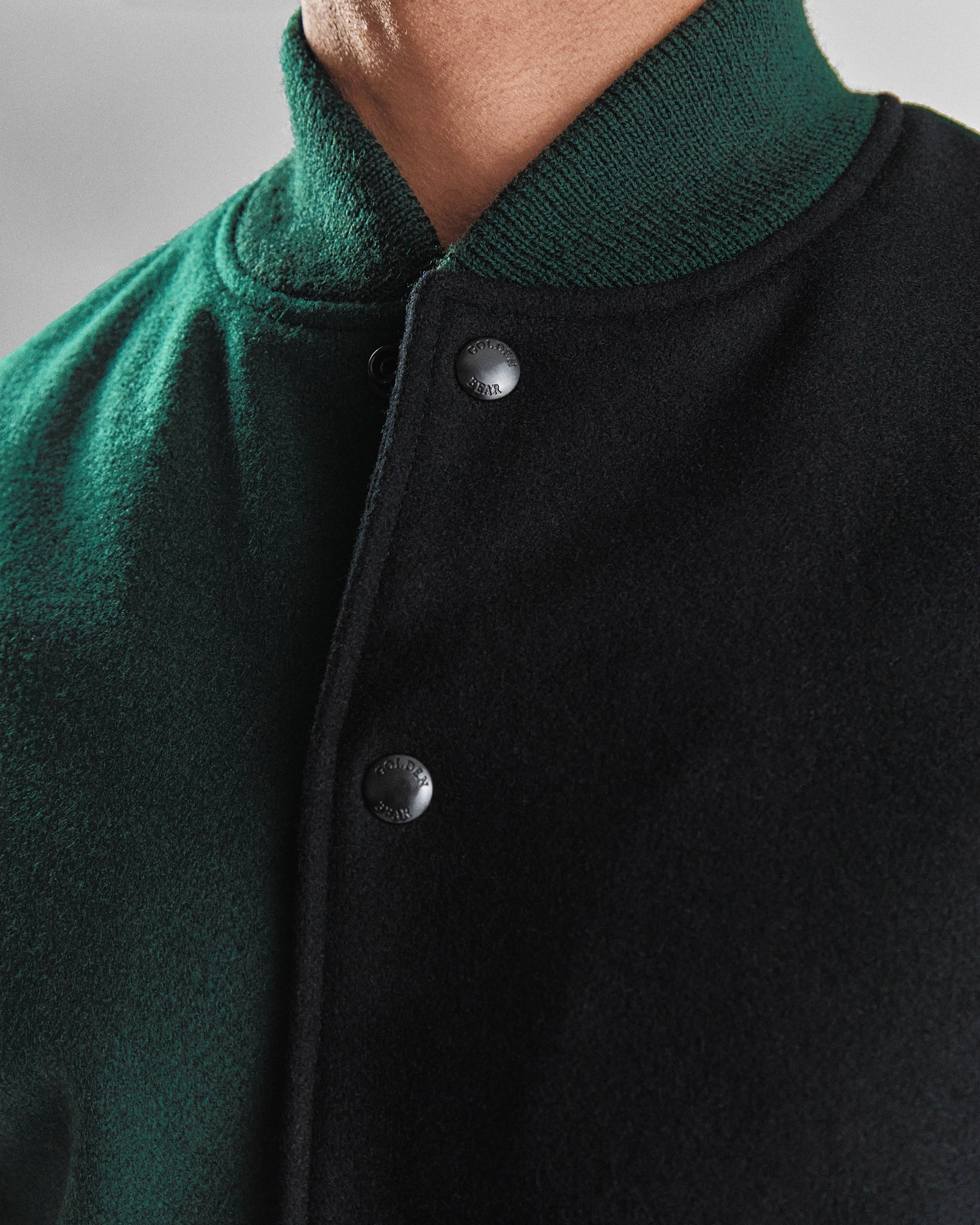 THE ALBANY SPLIT - Color Block Forest Green and Black Melton Wool/Stone Leather Classic Fit