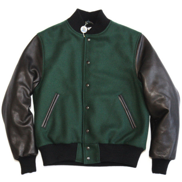 Kelly Green Letterman Jacket with Black Leather Sleeves