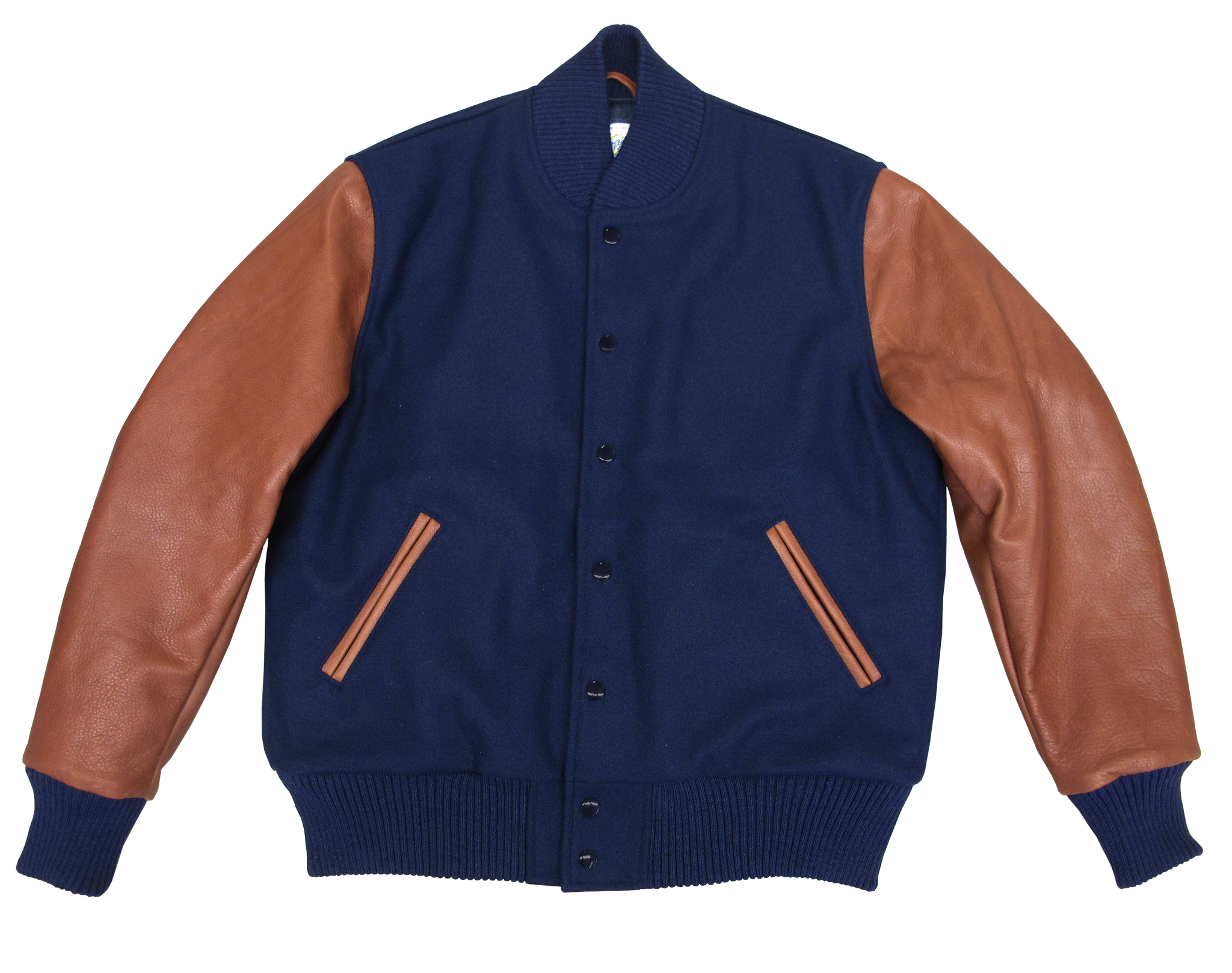Navy/Cognac Classic Fit Varsity Jacket - Golden Bear Sportswear 
